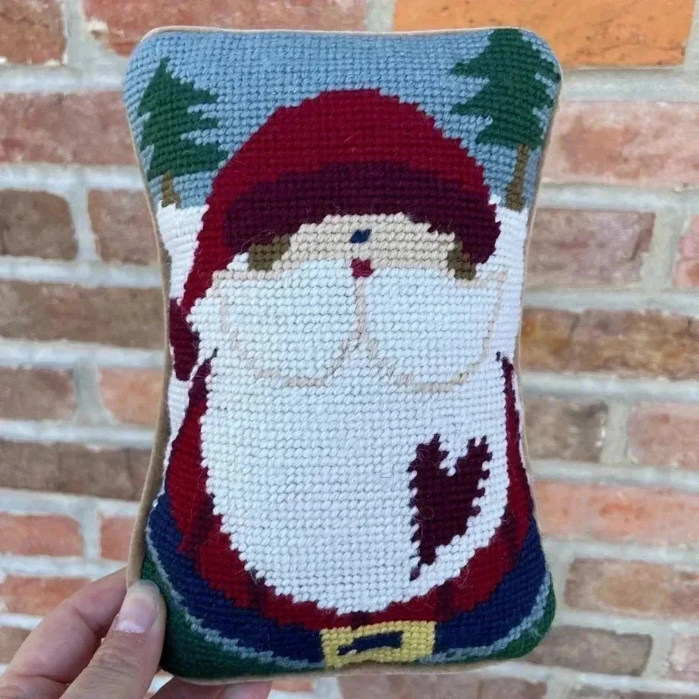 Santa Tapestry Pillow Small Holiday Decor Christmas Kitschy Needlepoint